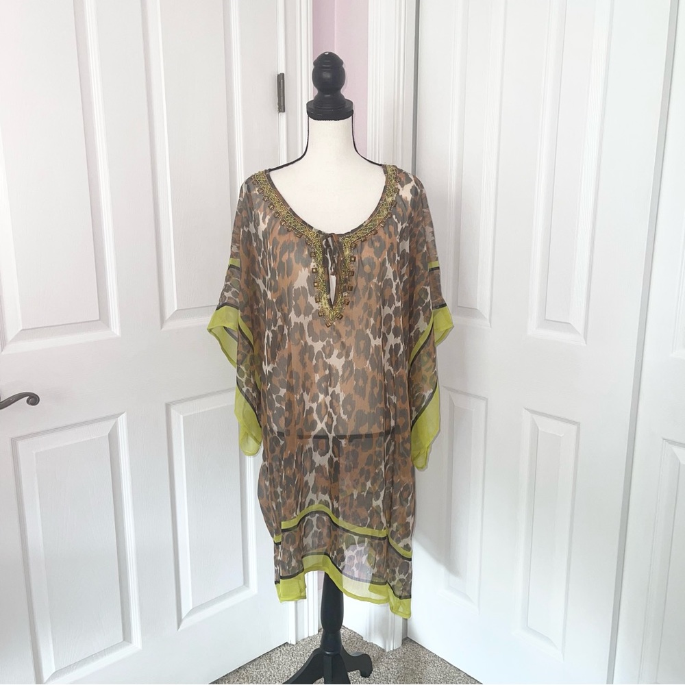 NWT Theodora Callum key lime brown leopard pattern swim cover up, one size - Picture 2 of 13